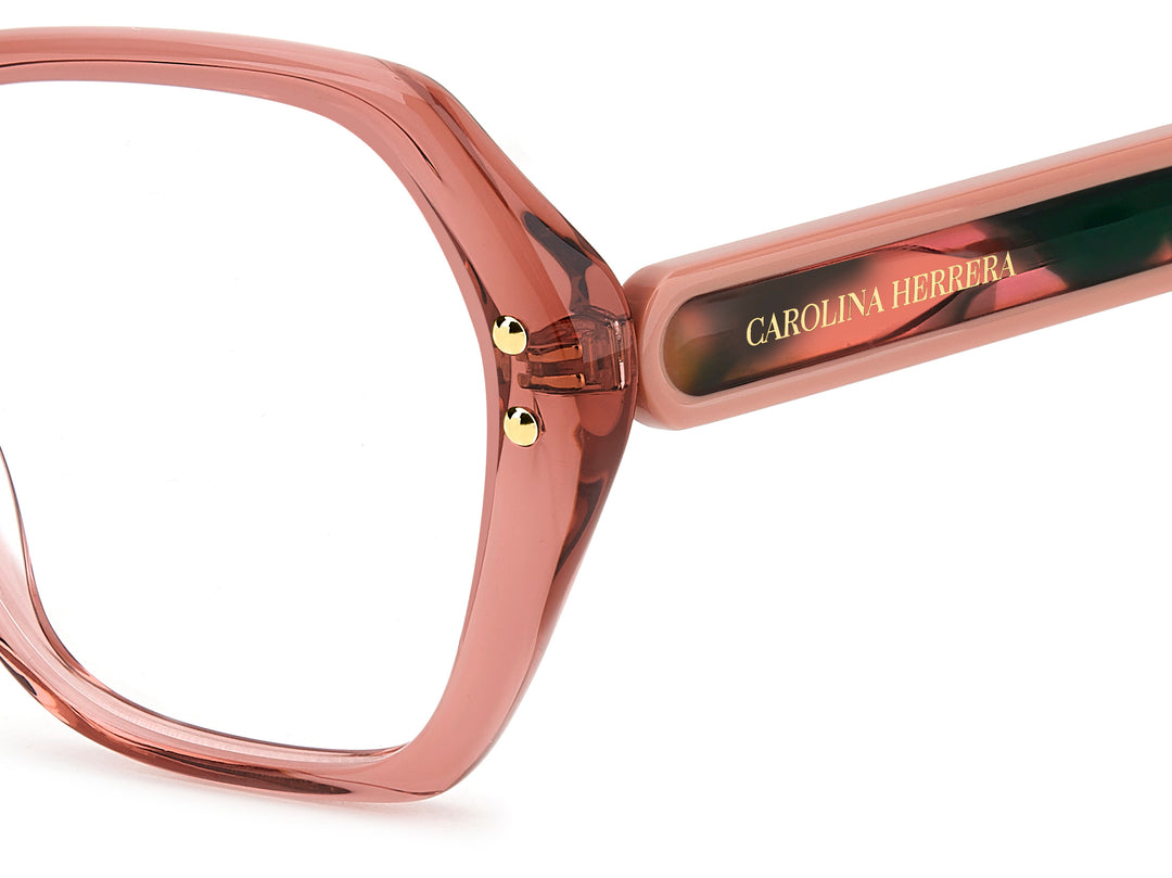 CAROLINA HERRERA HE0315 rosa, detalle del logotipo y la bisagra 