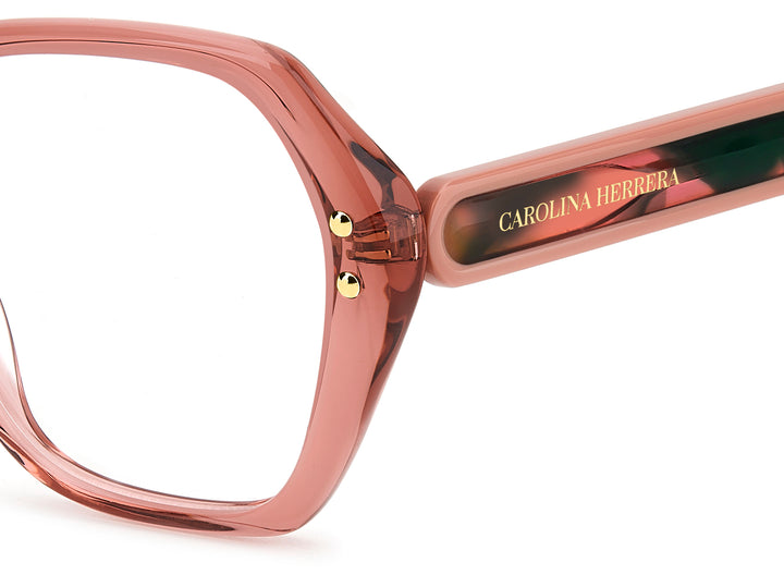 CAROLINA HERRERA HE0315 rosa, detalle del logotipo y la bisagra 