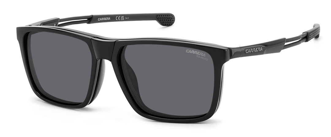 CARRERA CA4020/CS negro, vista de tres cuartos con clip solar montado 