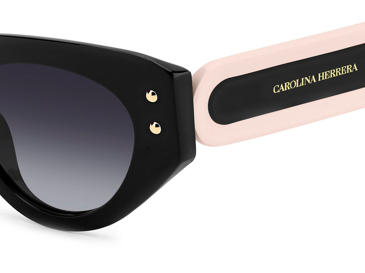 CAROLINA HERRERA HE0221/G/S negro y rosa, detalle del logotipo y la bisagra 