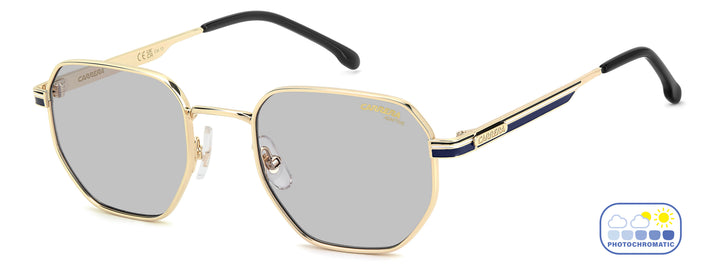 CARRERA 380/S dorado y azul, vista principal de tres cuartos con lentes en estado claro 