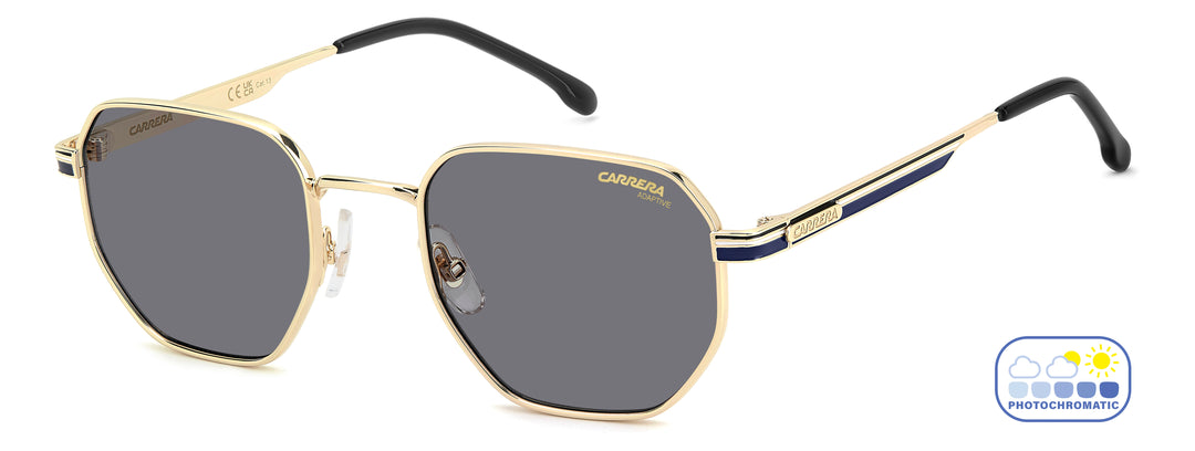 CARRERA 380/S dorado y azul, vista de tres cuartos con lentes en estado oscuro 