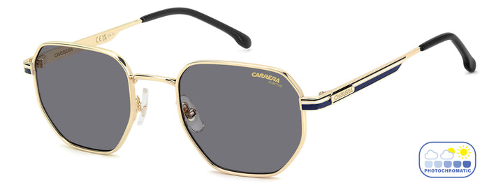 CARRERA 380/S dorado y azul, vista de tres cuartos con lentes en estado oscuro 