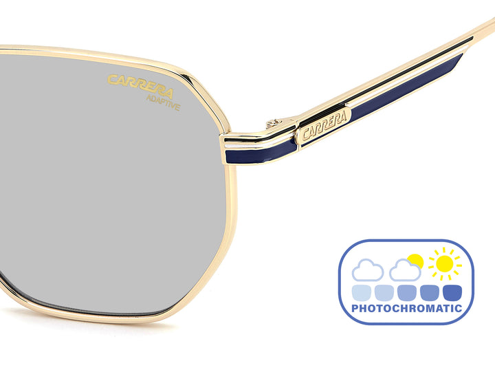 CARRERA 380/S dorado y azul, detalle del logotipo y la bisagra 