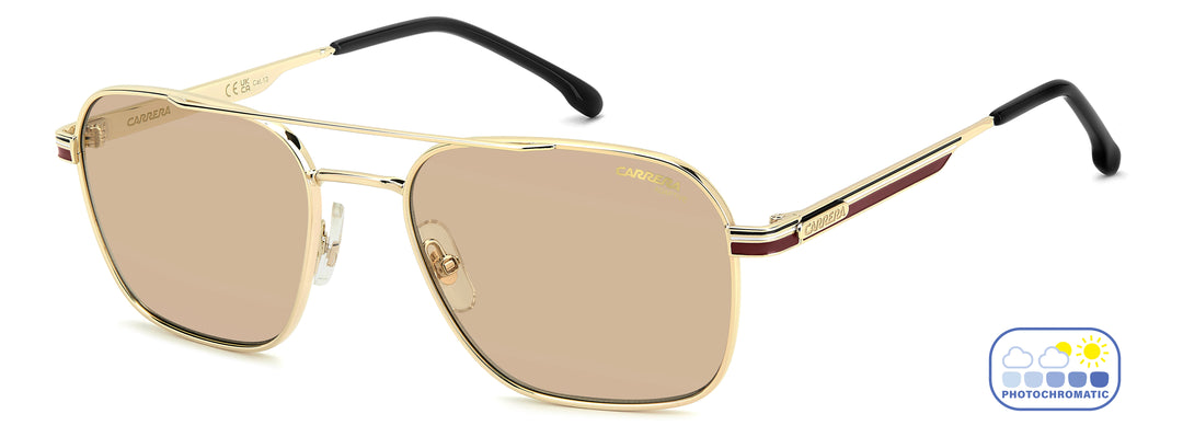 CARRERA 379/S dorado y burdeos, vista principal de tres cuartos con lentes en estado claro 