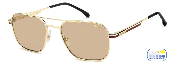 CARRERA 379/S dorado y burdeos, vista principal de tres cuartos con lentes en estado claro 