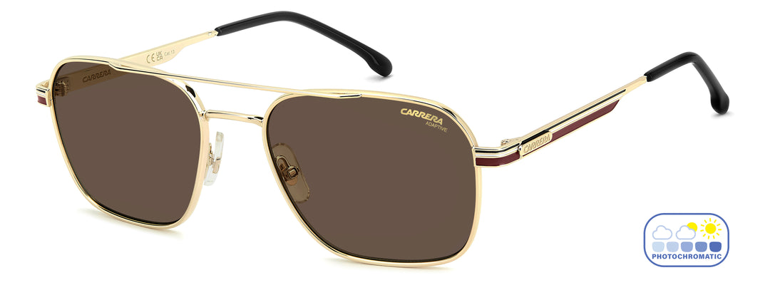 CARRERA 379/S dorado y burdeos, vista de tres cuartos con lentes en estado oscuro 