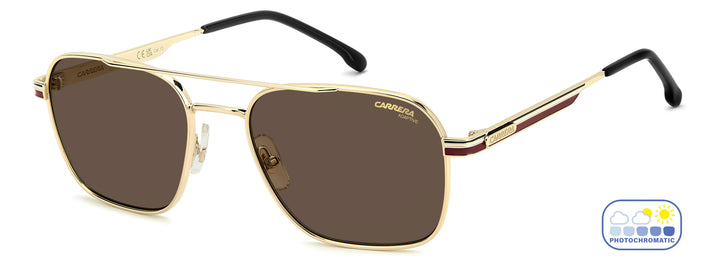 CARRERA 379/S dorado y burdeos, vista de tres cuartos con lentes en estado oscuro 