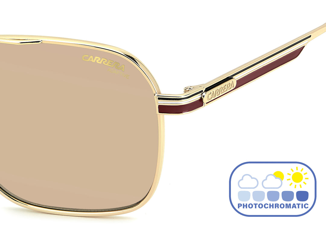 CARRERA 379/S dorado y burdeos, detalle del logotipo y la bisagra 