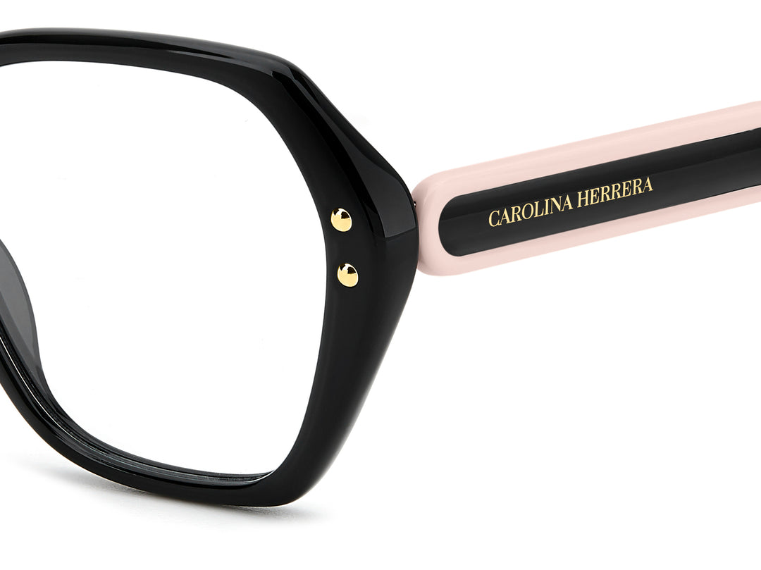CAROLINA HERRERA HE0315 negro y rosa, detalle del logotipo y la bisagra 