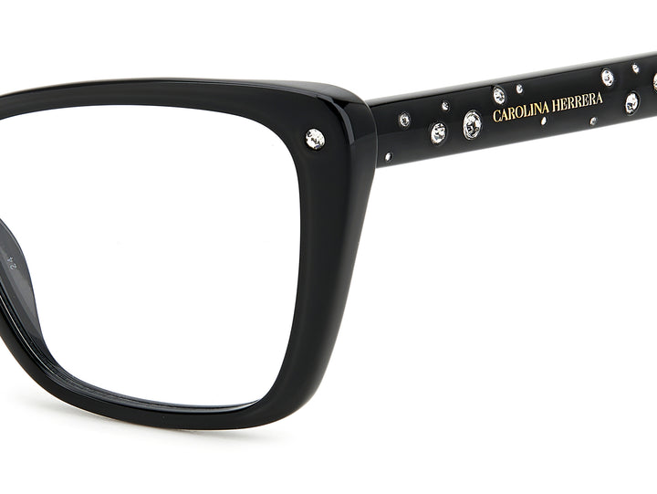 CAROLINA HERRERA HE0149 negro, detalle del logotipo y la bisagra 
