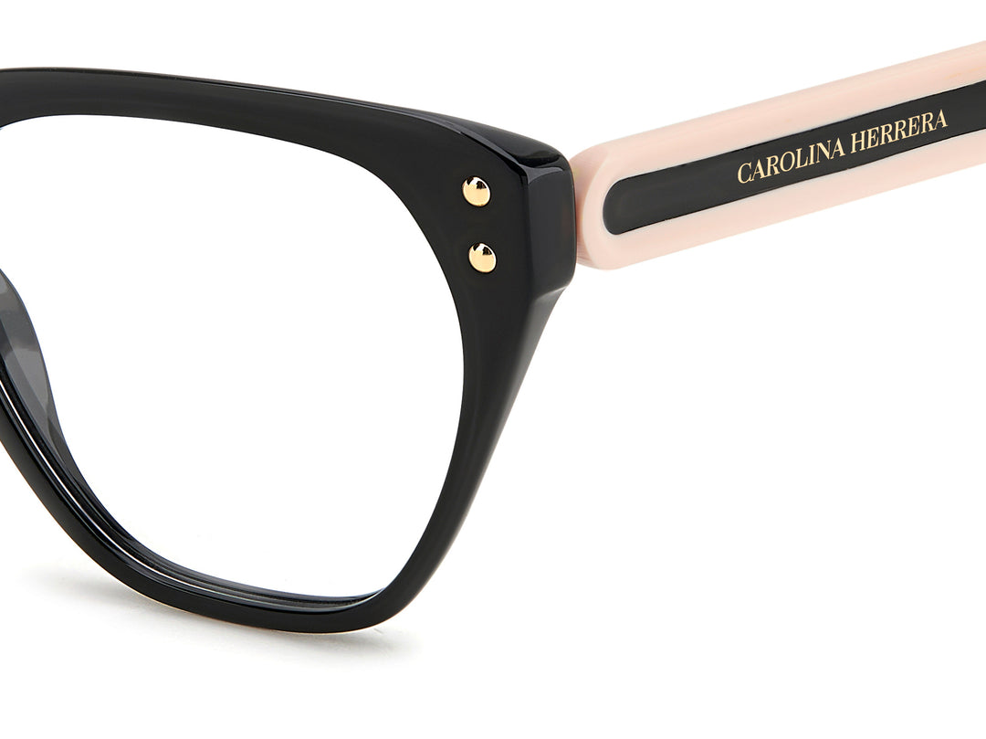 CAROLINA HERRERA HER 0223 negro y rosa, detalle del logotipo y la bisagra 