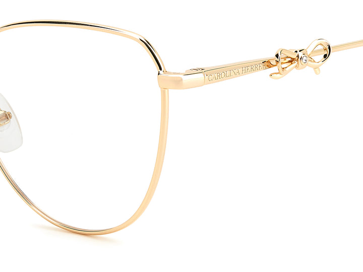 CAROLINA HERRERA HE0220 dorado y violeta, detalle del logotipo y la bisagra 