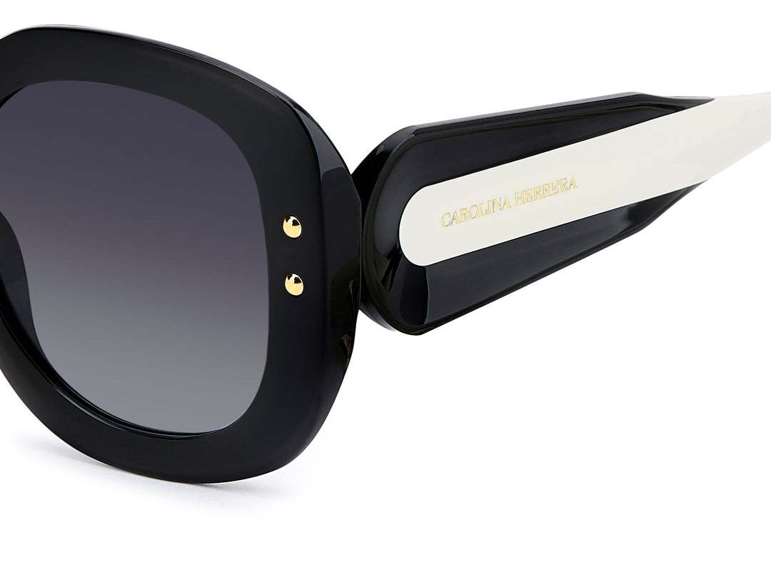CAROLINA HERRERA HE0254/S negro y blanco, detalle del logotipo y la bisagra 
