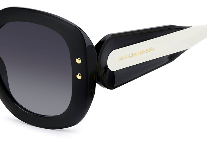 CAROLINA HERRERA HE0254/S negro y blanco, detalle del logotipo y la bisagra 