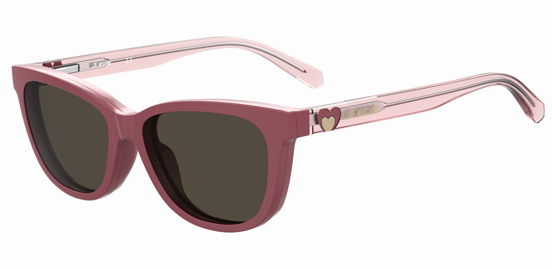 LOVE MOSCHINO MOL052/CS malva, vista de tres cuartos con clip solar montado 