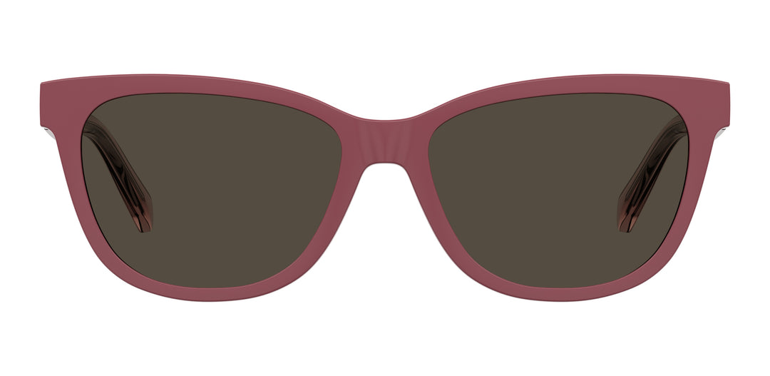 LOVE MOSCHINO MOL052/CS malva, vista frontal con clip solar montado 