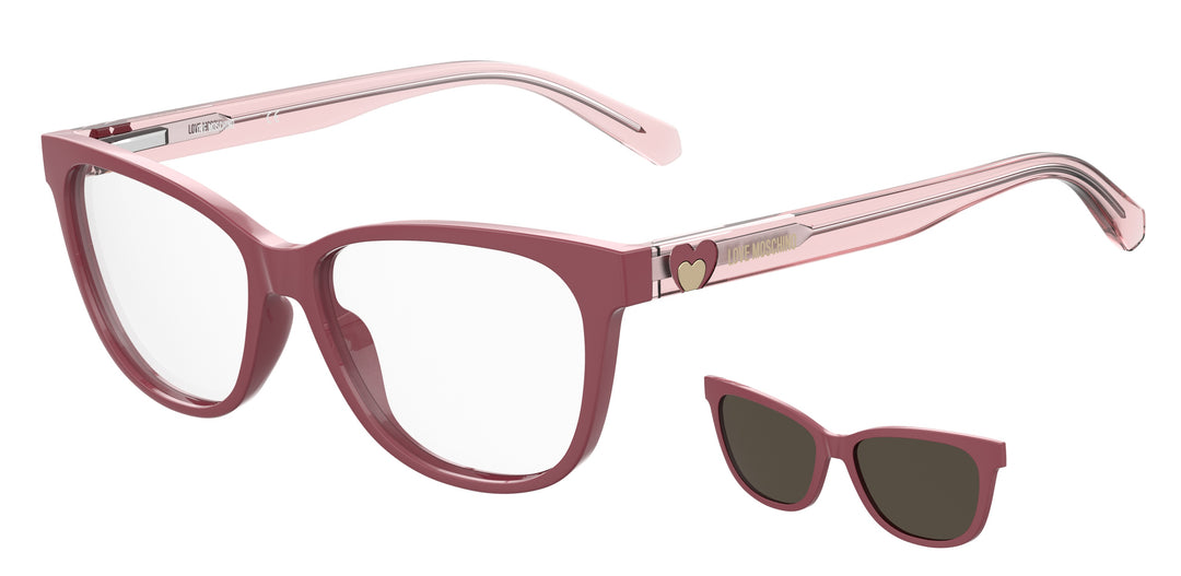 LOVE MOSCHINO MOL052/CS malva, vista principal de tres cuartos con clip solar separado 